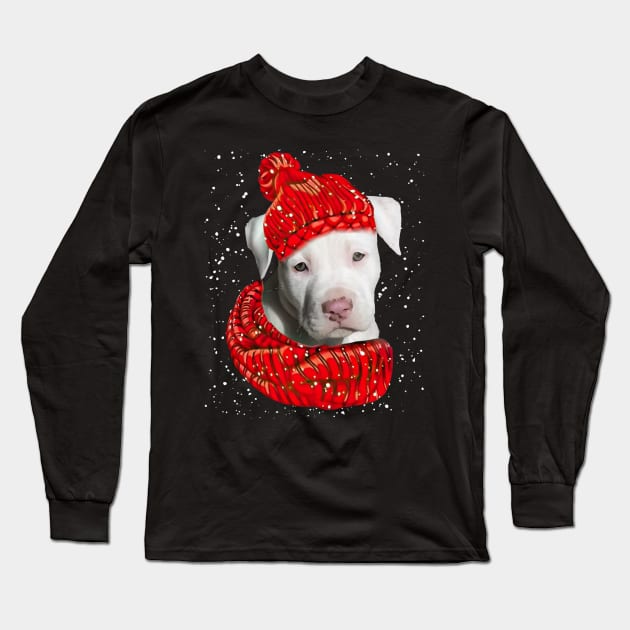 Staffordshire Bull Terrier Wearing Red Hat And Scarf In Snow Long Sleeve T-Shirt by Mhoon 